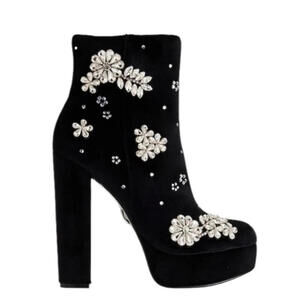 New Express 7 Rhinestone Embellished Platform Heeled Ankle Boots Black Velvet